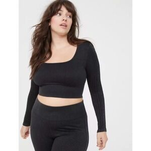 Aerie Offline‎ Black Seamless Cable Square Neck Tee Shirt Long Sleeve NWT Medium